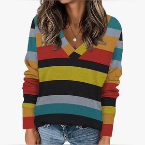 Colorful Striped V-Neck Sweater